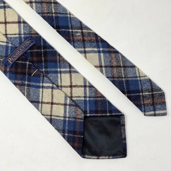 PENDLETON WOOL TIE BLUE BROWN CREAM TARTAN PLAID KNIT VINTAGE 3.25" X 57" - Picture 2 of 3